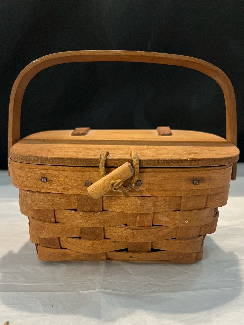 Longaberger Small Handwoven Wood Picnic Basket w/ Lid Handle Toggle SIGNED